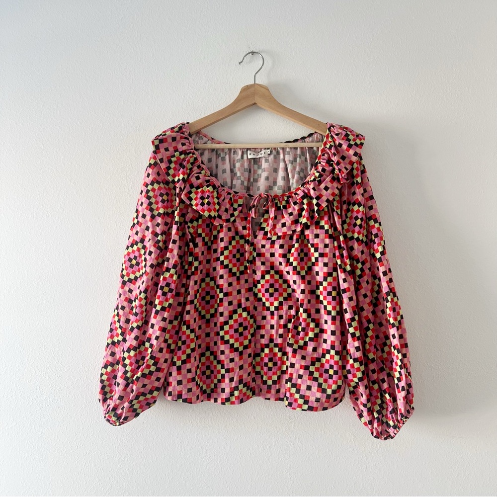 RHODE | Anthropologie Anouk Top Abstract Puff Sleeve | M - Picture 2 of 4